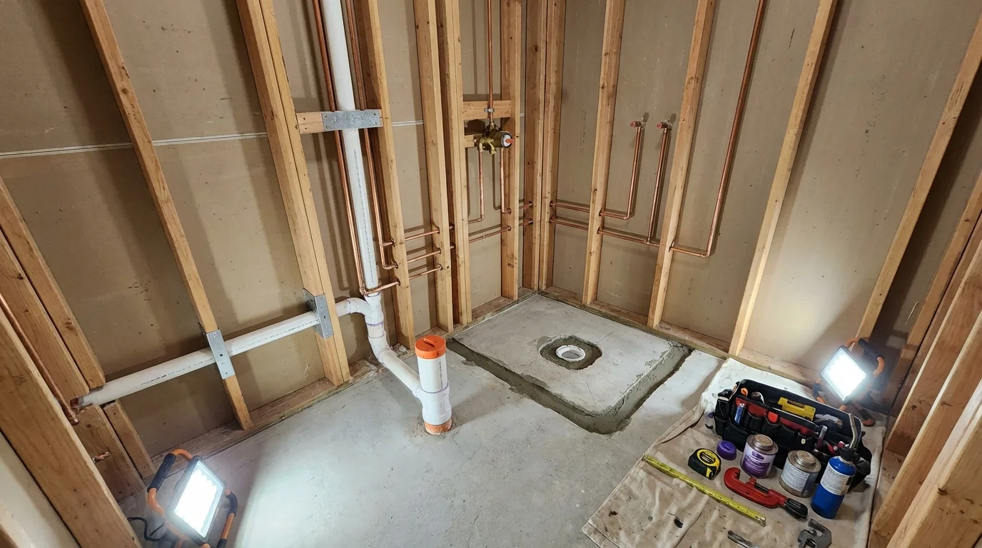 Bathroom rough-in plumbing during remodel by Johns Plumbing LLC in Spiro
