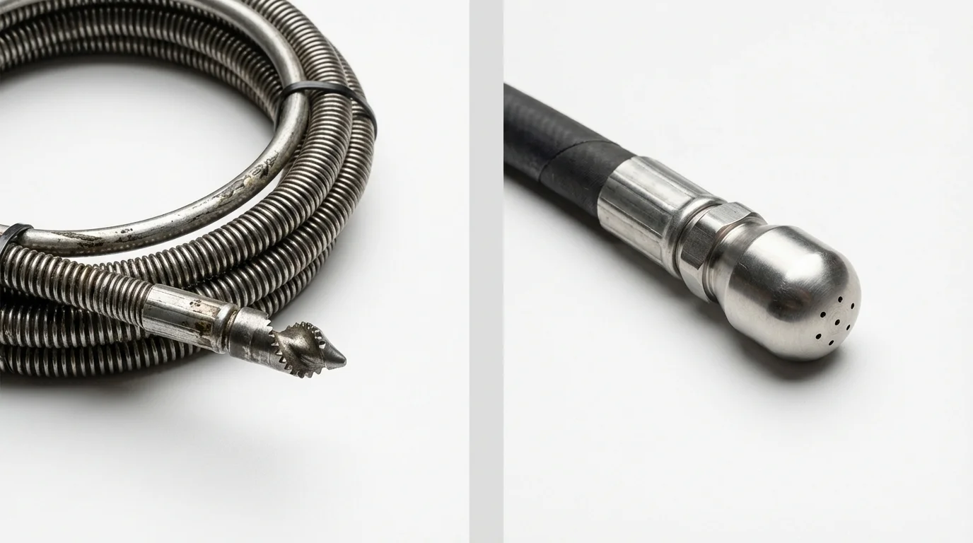 Drain snake cable and hydro jetting nozzle used for drain cleaning in Spiro, OK