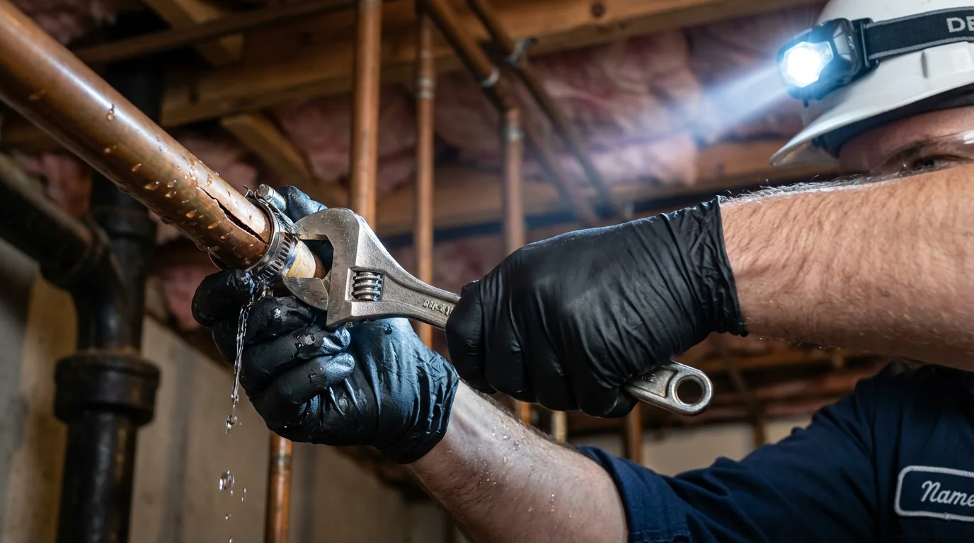 Emergency pipe clamp repair being performed by a Johns Plumbing LLC plumber in Spiro