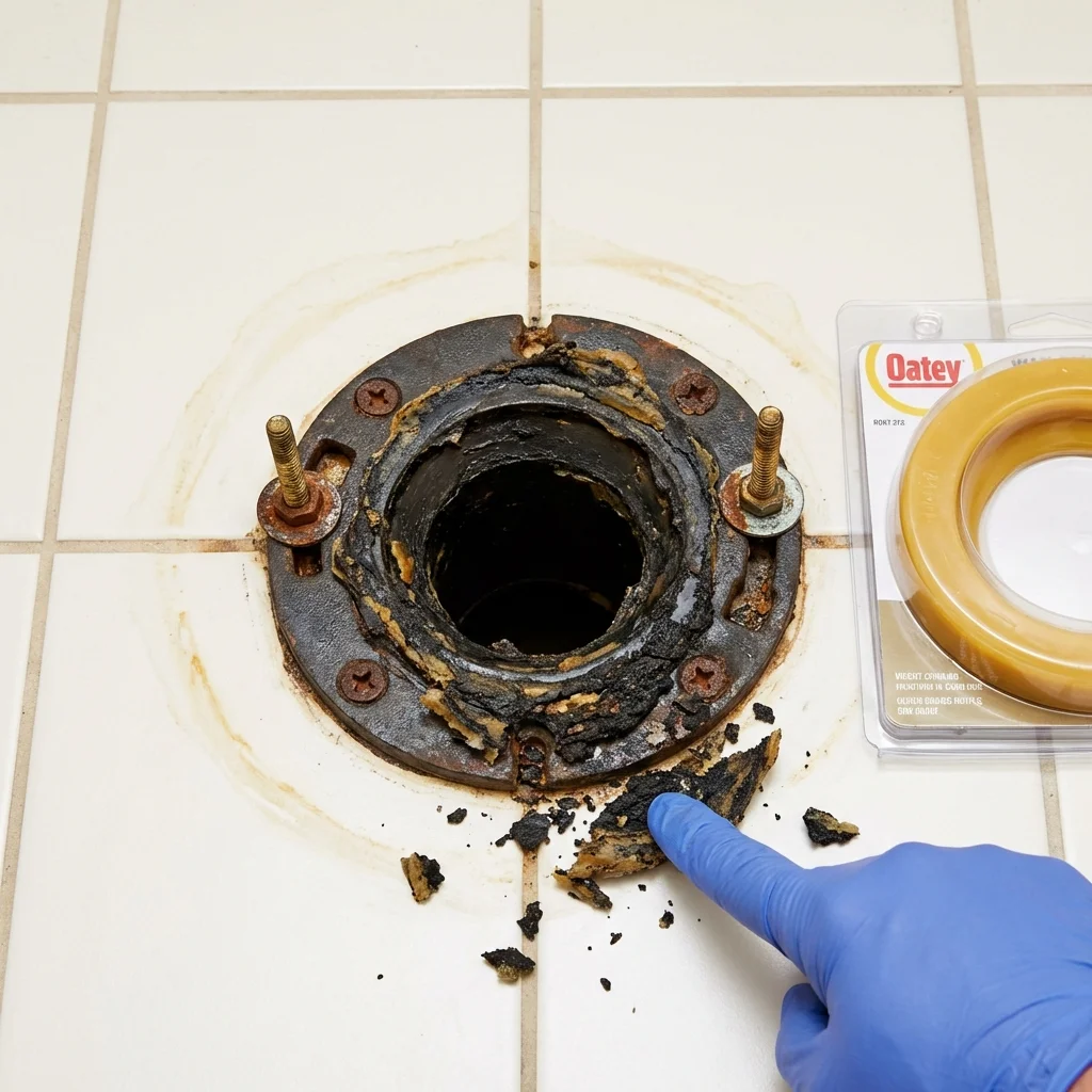 Failed wax ring showing water seepage at the base of a toilet in a Spiro, OK home