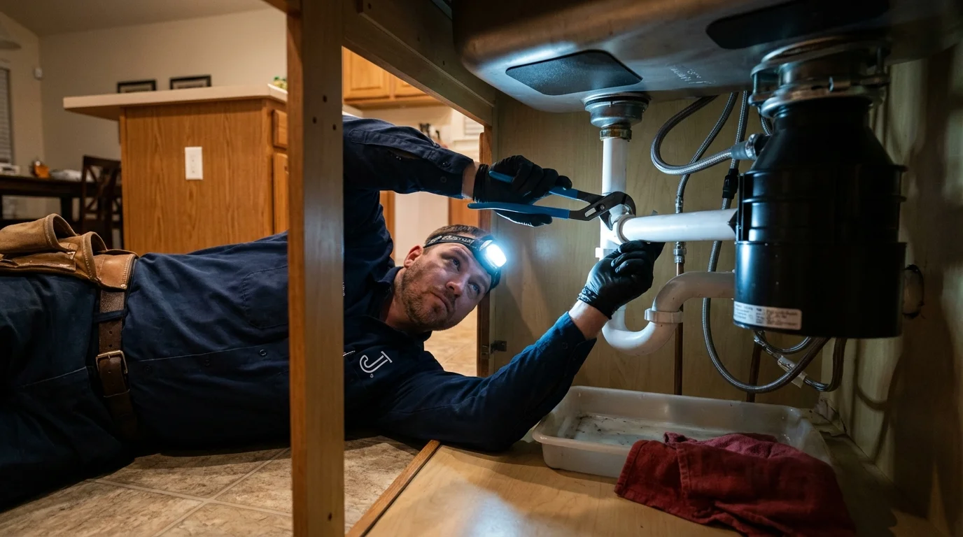 P-trap and supply line connections under a kitchen sink showing a common leak point in Spiro, OK
